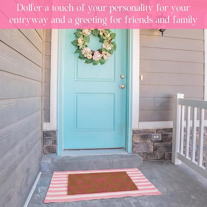 2 Pcs Outdoor Door Mat Combo Set Layered Outdoor Rug and Coir Welcome Doormat Non Slip Outside Floor Mat for Front Porch Entryway Patio Yard Decor(Light Pink Bow,24'' X 35'',24'' X 16'')