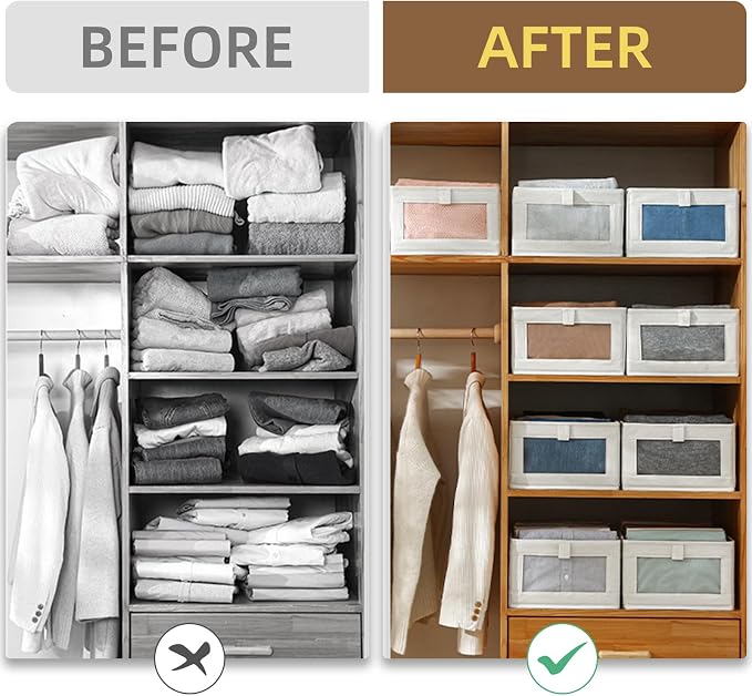 Linen Closet Organizers And Storage, 10 Pack Closet Storage Bins Linen Closet Baskets for Closet Organization Foldable Closet Organizer Bins with Clear Window For Organizing Clothing, Shelves, Jeans