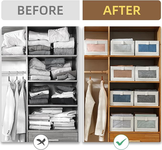 Pradnel Linen Closet Organizers And Storage, 4 Pack Storage Bins Baskets for Organization Foldable Organizer with Clear Window Organizing Clothing, Jeans, Shelves
