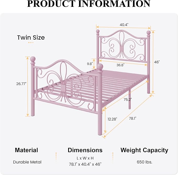 SHA CERLIN Twin Size Metal Bed Frame with Butterfly Headboard, Pink | Metal Platform Bed for Kids, Wrought Iron-Art Headboard/Footboard, Under-Bed Storage, No Box Spring Needed, Easy Assembly