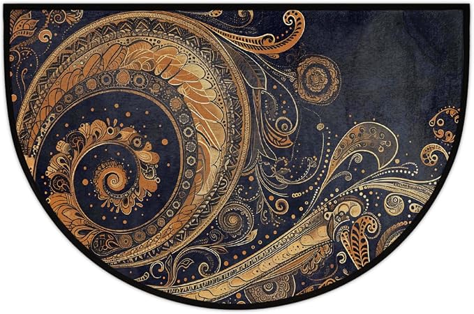 Gold Vintage Paisley Half Round Door Mat Non-Slip Semi Circle Rug Washable Half Moon Floor Rug Absorbent Bathroom Area Rugs for Outdoor Indoor Fireplace Mat Entryway Kitchen Decor Rugs