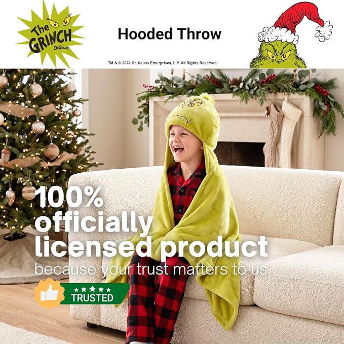 Grinch by Dr. Seuss Hooded Throw - Kids Christmas Bedding Super Soft Throw Blanket - 30 in x 50 in, (Officially Licensed Product) by Franco