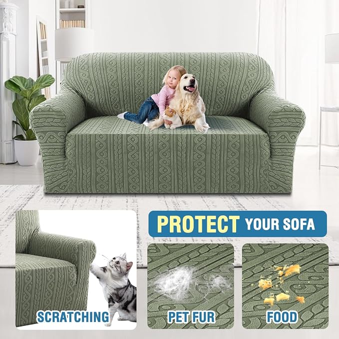 H.VERSAILTEX Couch Covers for 2 Cushion Sofa 1 Piece Stretch Loveseat Slipcover Pet Dog Universal Slip Cover Love Seat Covers Upgrade Thick Jacquard Fabric with Spiral Pattern(58"-70", Sea Grass)
