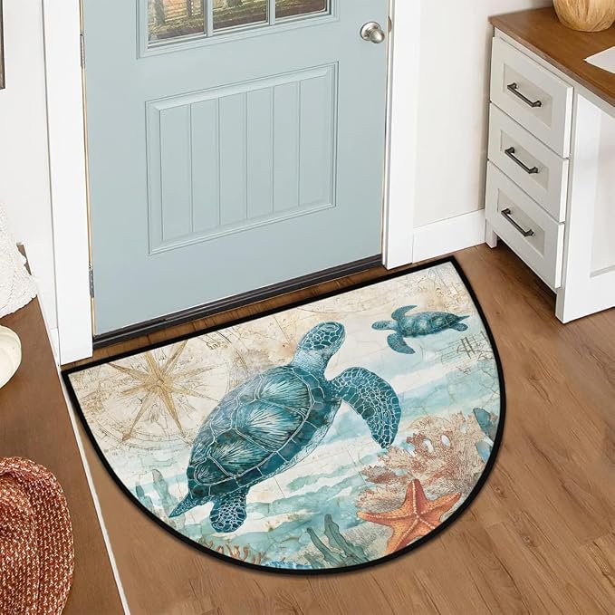 Vintage Turtle Half Round Door Mat Welcome Entrance Mat Bath Bathroom Rug | Vintage Turtle Welcome Entrance Mat Anti-Slip Half Moon Bath Mat Semi Circle Rug Indoor Outdoor Kitchen Rug