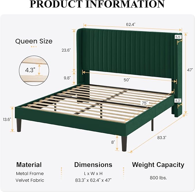 SHA CERLIN Queen Size Velvet Bed Frame, Tufted Wingback Headboard, Green | 47'' Modern Vertical Channel Headboard, Upholstered Platform Bed, Wood Slats, No Box Spring Needed, Easy Assembly, Noise Free