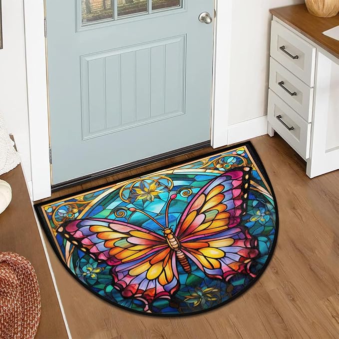 Pardick Half Round Doormat Butterfly Glass Semi Circle Rug Non Slip Indoor Outdoor Entrance Half Moon Rug Washable Front Floor Mat for Kitchen Bathroom Patio Fireplace Holiday Decor