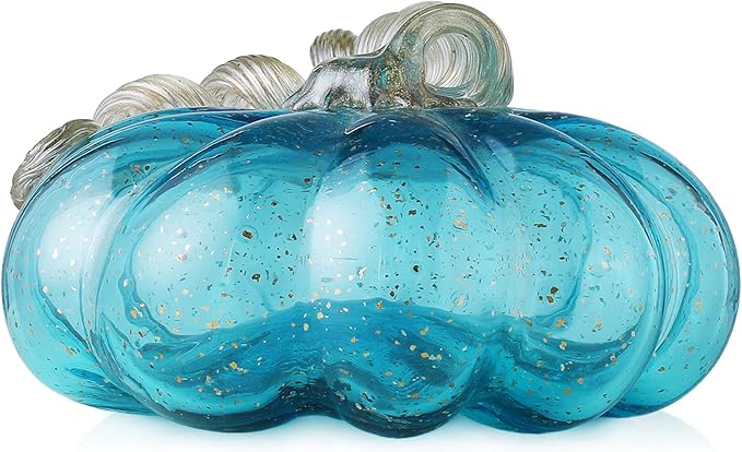 Glitzhome Hand Blown Glass Pumpkin Decor 5" Blue - Artisan Fall Table Centerpiece for Thanksgiving Harvest Home Decor Halloween Displays