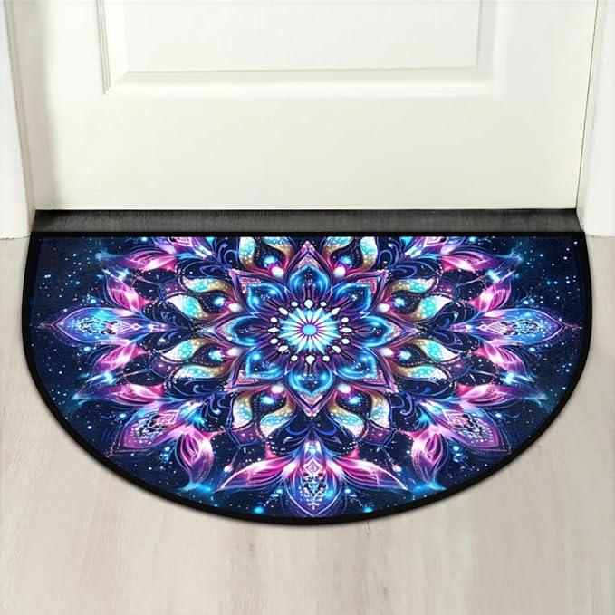 Half Round Doormat Flowers Ethnic Mandala Purple Non Slip Half Circle Area Rugs Indoor Washable Half Moon Rug Semi Circle Bathroom Runner Mat Entrance Floor Carpet for Kithen Bedroom Fireplace Decor