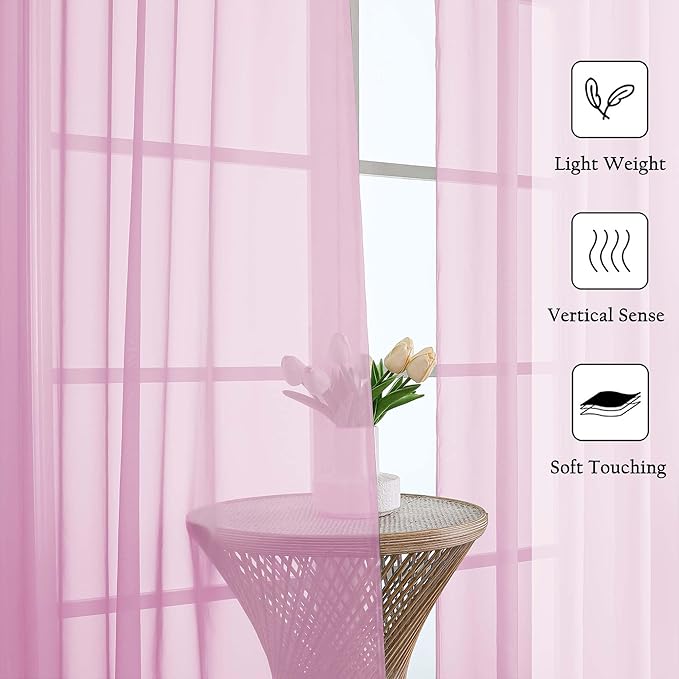 Lecloud Light Pink Sheer Curtains 120 Inches Long 2 Pcs, Solid Voile Light - Image 2