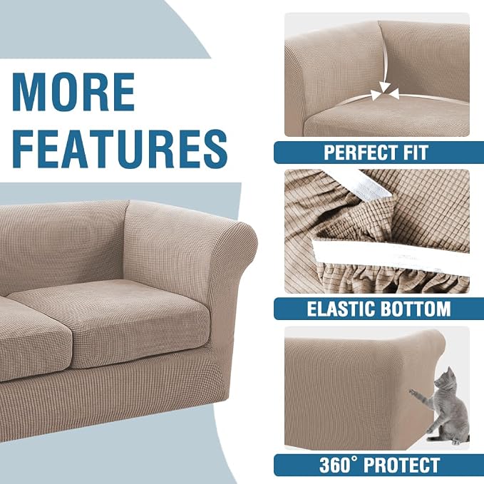 H.VERSAILTEX 3 Pieces Stretch Couch Cover Traditional Chesterfield Loveseat Covers for 2 Cushion Couch Non Slip Mid Century Deep Seat Couch Cover Washable, Thicker Jacquard Fabric(Medium Sofa, Sand)