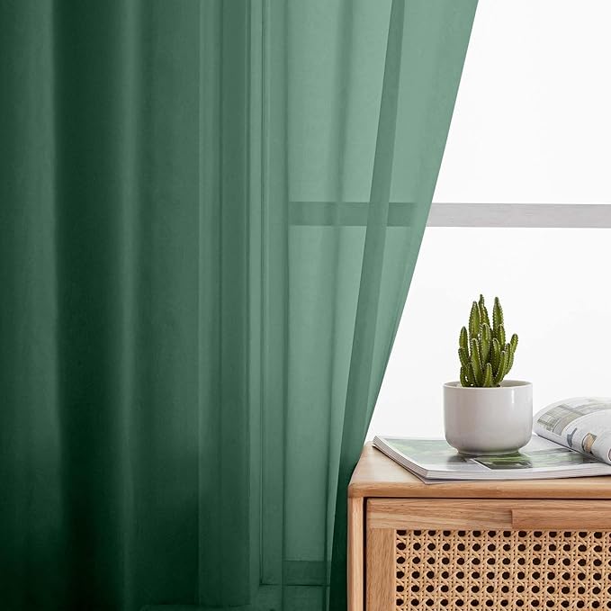 Sheer Hunter Green Curtains for Bedroom Living Room 54 Inch Length 2 Panels Set, Solid Soft Airy Light Filtering Window Treatments, Modern Rod Pocket Drapes, Hunter Green, 42" Wx54 L Inches