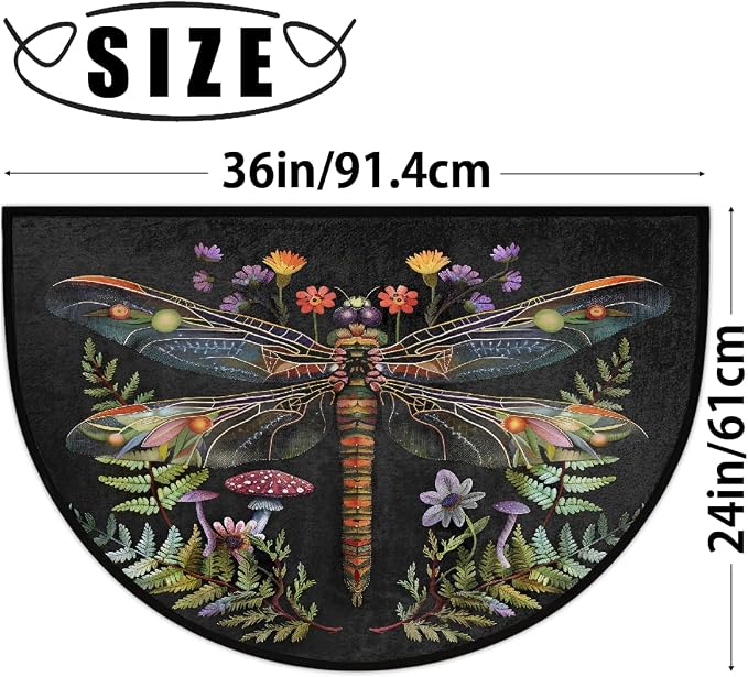 Dragonfly Half Round Doormat Non-Slip Semi Circle Rug Half Moon Mat | Flower Black Leaves Washable Soft Absorbent Indoor Outdoor Entrance Kitchen Bathroom Sink Patio Welcome Fireplace Floor Rug