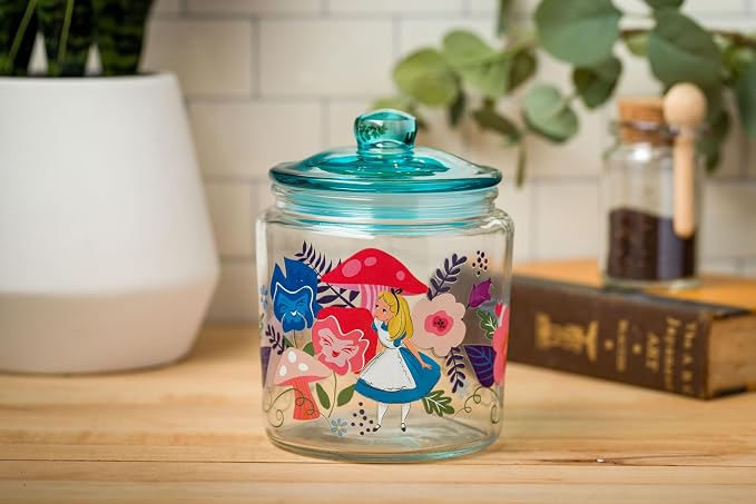 Silver Buffalo Disney Alice in Wonderland Mushrooms, Glass Jar with Lid | Flowers, Cookie Snack Candy, Small Size