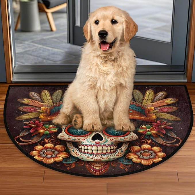 Flower Skull Half Round Door Mat Non Slip Half Circle Rugs | Ethnic Goth Washable Half Moon Rug Semi Circle Rugs Indoor Entrance Floor Carpet for Kithen Bedroom Fireplace Decor