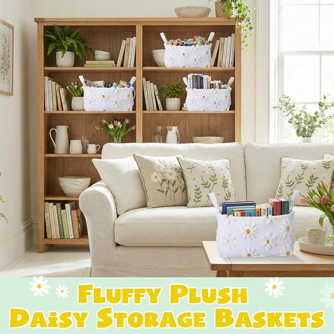 2pcs White Daisy Storage Basket 14x10''Back to School Gift Basket | Foldable, Fluffy, Laundry, Storage Bin with Handle, Floral, Closet Organizer, Preppy Dormitory, Countertop Tabletop Shelf