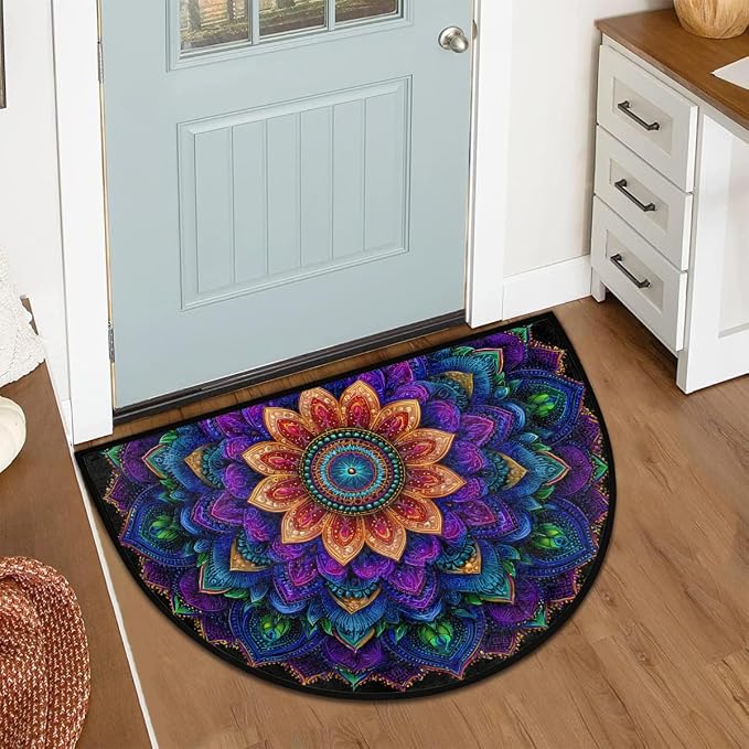 Boho Bohemia Ethnic Half Round Door Mat Non-Slip Semi Circle Rug Washable Half Moon Floor Rug Absorbent Bathroom Area Rugs for Outdoor Indoor Fireplace Mat Entryway Kitchen Decor Rugs