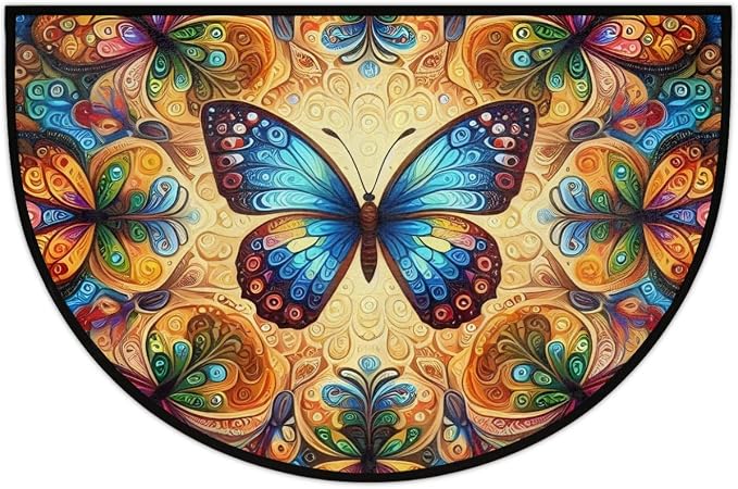 Colorful Butterfly Half Round Mat Half Moon Door Rug Washable Durable Semi Circle Carpet Floor mats for Indoor Outdoor Bathroom Kitchen Patio Hearth Rug Laundry Room Home Decoration