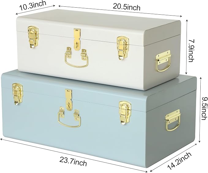 Vixdonos Decorative Large Metal Box Storage Trunk Chest Set of 2 College Dorm Organizer with Hardware Hasps and Handle for Home Deocr,23.7X14.2X9.5 Inches(White and Blue)