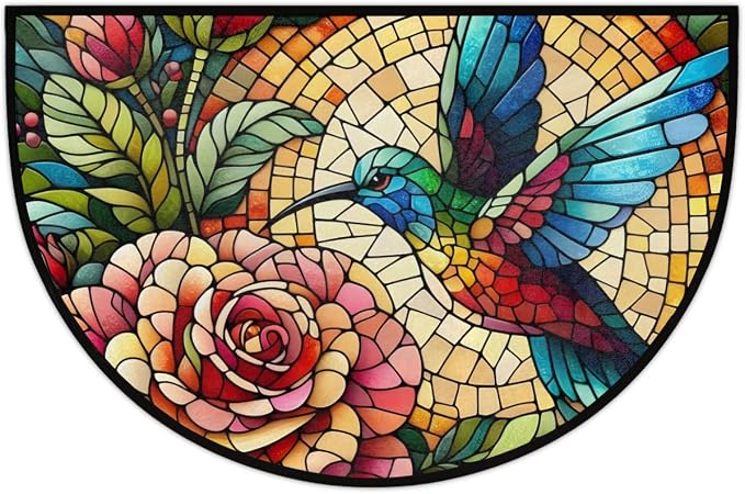 Colorful Hummingbird Flower Half Round Mat Half Moon Door Rug Washable Durable Semi Circle Carpet Floor mats for Indoor Outdoor Bathroom Kitchen Patio Hearth Rug Laundry Room Home Decoration