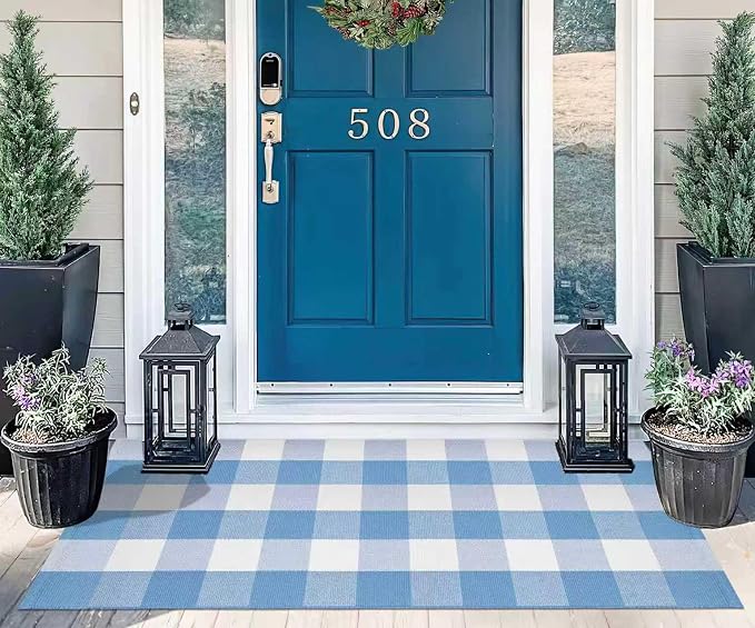 Light Blue and White Outdoor Rug 2'X4.3' Buffalo Plaid Checked Front Porch Rug Cotton Woven Washable Rug Layering Doormat for Welcome Door Mat Entryway Dining Room Bedroom Living Room