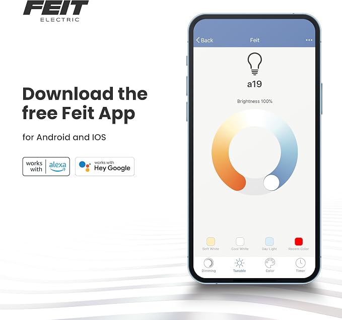 Feit Electric Smart Light Bulbs, A19 RGBW Color Changing - 60W Eq - 6 Pack | Wi-Fi 2.4GHz, Works with Alexa & Google, App Dimmable, E26 800 Lumens, Tunable White 2700-6500K, CRI 90, Wifi LED Lightbulbs