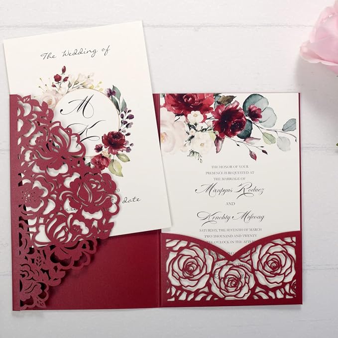 50PCS Burgundy Customized Wedding Invitation with Envelopes Laser Cut Hollow Flora Pocket with Ribbon Invitations for Wedding Engagement Quincenera Invites