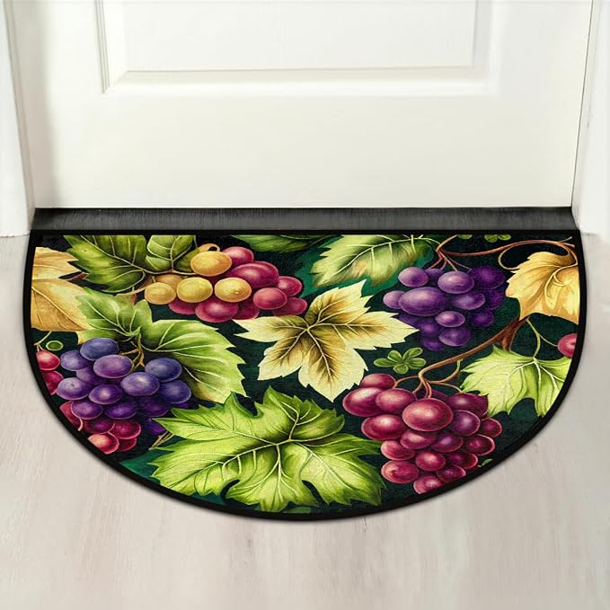 Grape Half Round Doormat Non-Slip Semi Circle Rug Half Moon Mat | Color Fruit Leaves Washable Soft Absorbent Indoor Outdoor Entrance Kitchen Bathroom Sink Patio Welcome Fireplace Floor Rug
