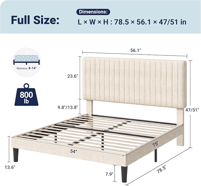 Allewie Full Bed Frame, Upholstered Platform Bed with Adjustable Vertical Channel Tufted Headboard, Mattress Foundation with Strong Wooden Slats, Box Spring Optional, Easy Assembly, Chenille White