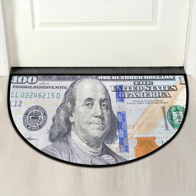 Pardick Money 100 Dollar Bill Half Round Doormat, Non-Slip Half Circle Area Rug, Durable Washable Runner Mat for Living Room Bedroom Indoor Outdoor Kitchen Floor Home Decor Half Moon Rug