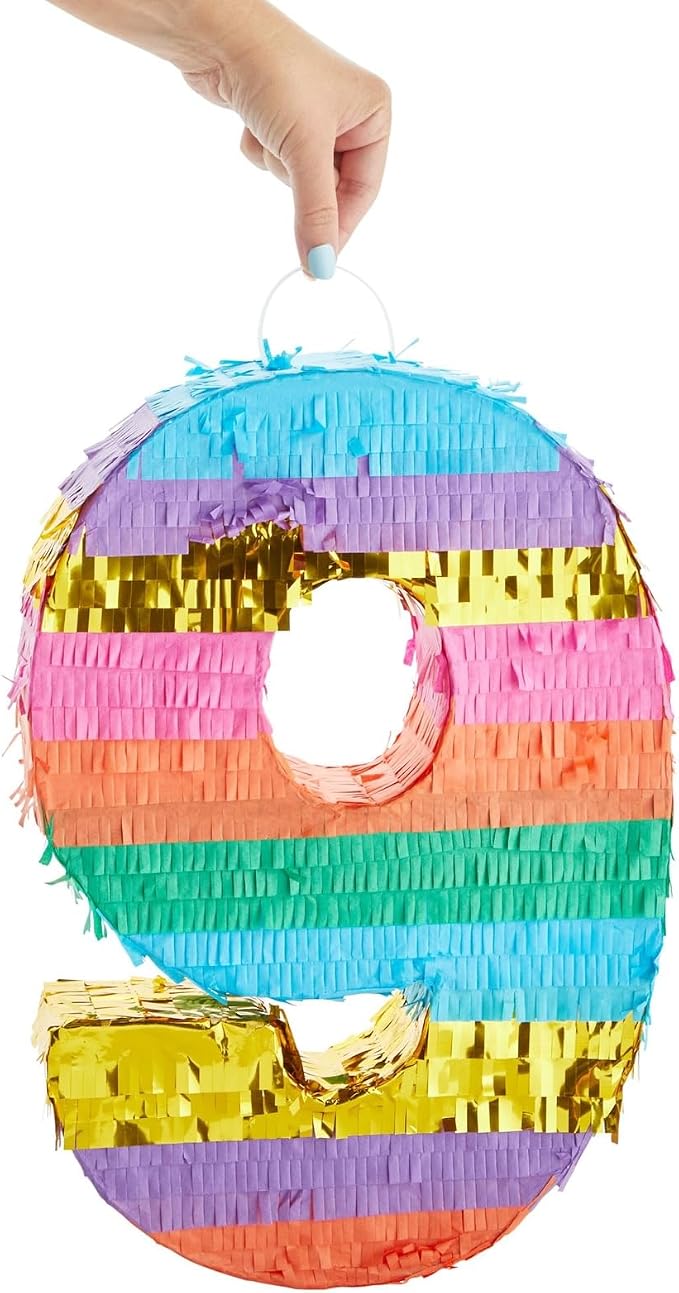 BLUE PANDA Rainbow Number 9 Pinata - 16.5 x 11.4 x 3 in, Multi-Color for 9th Birthday, Fiesta Party Supplies, Party Favors & Rainbow Birthday Decor