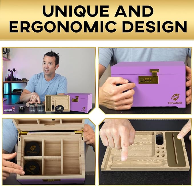 HOVANZO Premium Large Bamboo Storage Box with Organizer Tray - Storage Wood Box and Accessories - Decorative Box with Combination Lock - Large Wooden Container - Box Kit with Glass Jars