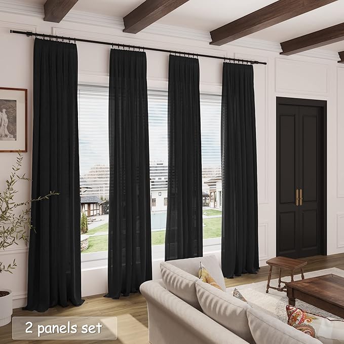 Black Linen Curtains 102 Inches Long for Living Room 2 Panel Set Back Tab Rod Pocket Semi Sheer Curtains Light Filtering Burlap Extra Long Drapes Neutral Farmhouse Decor for High Window 40x102