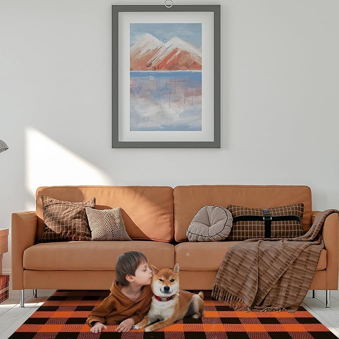 Buffalo Plaid Area Rug, Checkered Rug 3x5 Ft, Black and Orange Rug, Washable Cotton Mat for Front Porch, Entryway, Kitchen, Living Room, Halloween Decor
