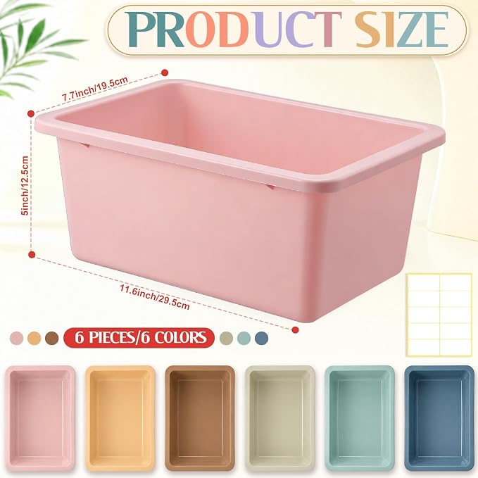 Thyle 6 Pieces Plastic Cubby Bins with Labels Classroom Book Bins Stackable Storage Container Durable Toy Storage Organizer Baskets for School Classroom Office (Classic,Morandi Color1)