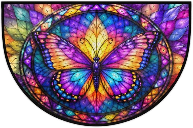 Butterfly Half Round Door Mat Welcome Entrance Mat Bath Bathroom Rug A8 | Butterfly Glass Painting Welcome Entrance Mat Anti-Slip Half Moon Bath Mat Semi Circle Rug Indoor Outdoor Kitchen Rug