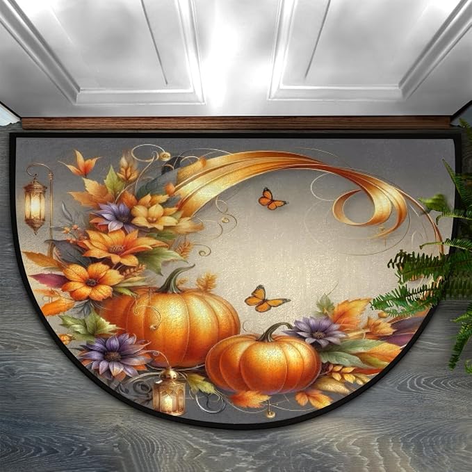Pumpkin Half Round Doormat Non-Slip Semi Circle Rug Half Moon Mat | Fall Flower Grey Washable Soft Absorbent Indoor Outdoor Entrance Kitchen Bathroom Sink Patio Welcome Fireplace Floor Rug