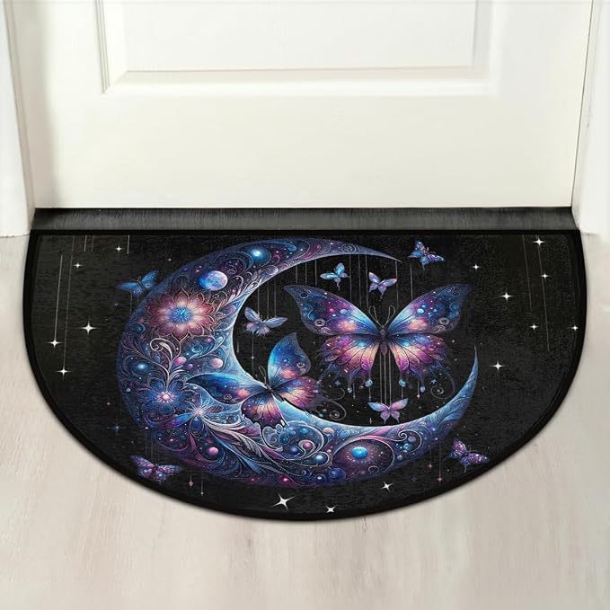 Butterfly Moon Half Round Door Mat Non Slip Half Circle Rugs | Moon Galaxy Washable Half Moon Rug Semi Circle Rugs Indoor Entrance Floor Carpet for Kithen Bedroom Fireplace Decor