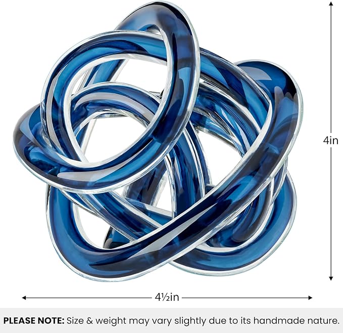 Torre & Tagus Orbit Hand Blown Glass Infinity Knot Sculpture - 4.5 Inch Glass Art Blue Knot Decor Ball for Home Decor, Small Centerpiece Table Decoration for Home Interior (Indigo Blue)