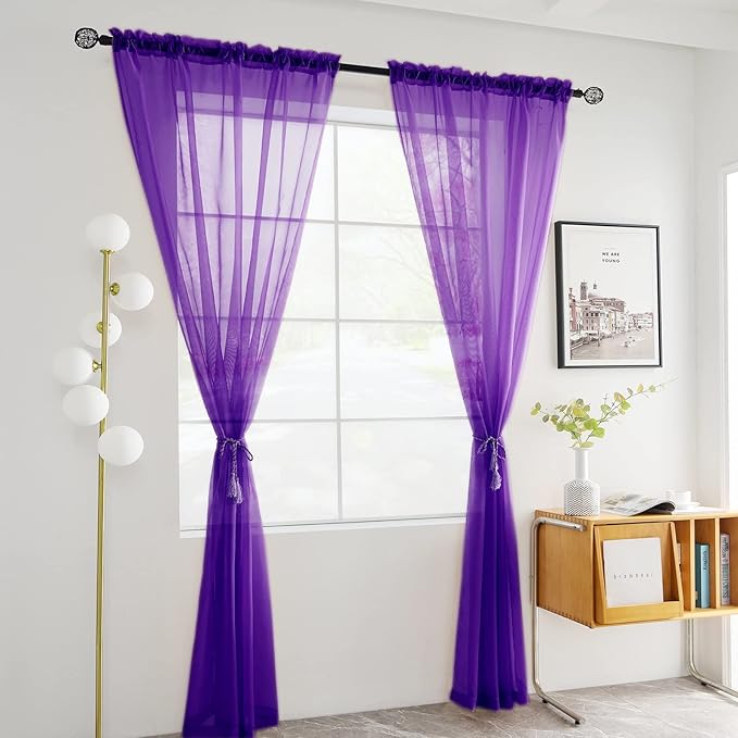 youleyar Solid Sheer Rod Pocket Curtain Voile Draperies 2 Panels White Beige Black Grey Coffee 52 Inch Width 72 Inch Long 1 Pair for Kitchen Bedroom Children Living Room Yard (Purple,52Wｘ72L)
