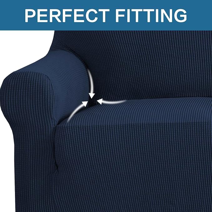 H.VERSAILTEX Stretch Couch Covers for Sofa 1 Piece Slipcovers for Couches and Sofas 3 Seater Couch Cover Feature Thick Checked Jacquard Fabric with Elastic Bottom(Large Sofa 90"-100" Wide, Navy)