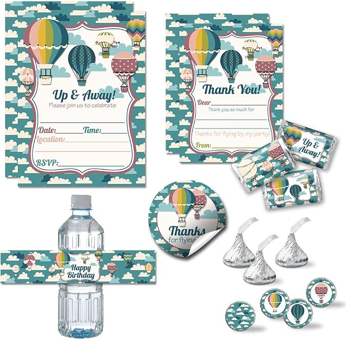 Amanda Creation Deluxe Up & Away Hot Air Balloon Birthday Party Bundle Includes 20 Invitations & Thank You Cards & Envelopes + 2 Sizes of Stickers,& Water Bottle Labels!