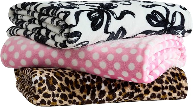 Betsey Johnson - Plush Throw Blanket for Couch or Bed, Soft Reversible Western Fleece Throw, Cozy Printed Soft Blanket, Ballet Bows Grey, 50" x 70"