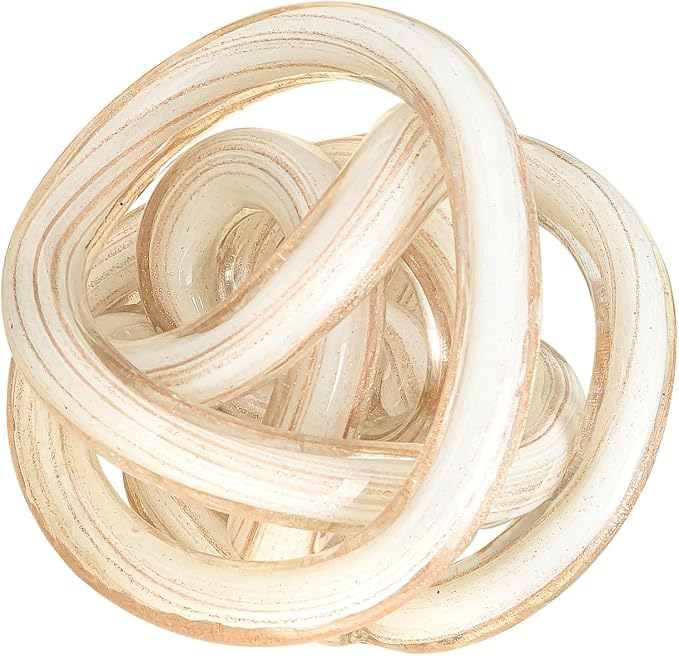 Torre & Tagus Orbit Hand Blown Glass Infinity Knot Sculpture - 4.5 Inch Glass Art White & Gold Knot Decor Ball for Home Decor, Small Centerpiece Table Decoration for Home Interior (White Gold Flakes)