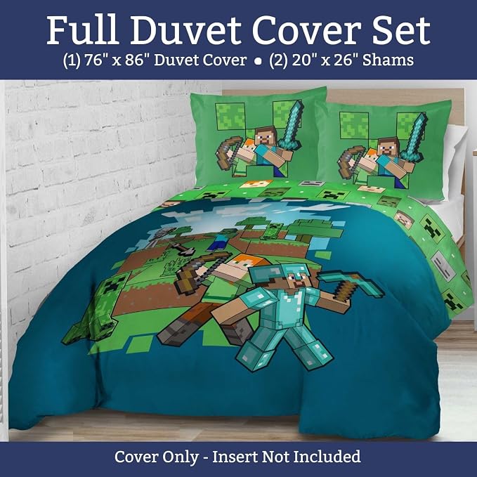 Jay Franco Duvet Cover Set – 3 Piece Comforter Cover and Sham Set, Super Soft Cozy Kids Bedding (Insert Not Included) Blue - Minecraft, Queen