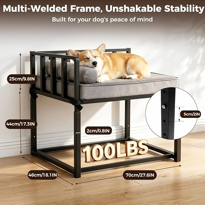 Bedside Dog Bed, Height Adjustable Elevated Co-Sleeper for Small Medium Dogs, Fits Low to High Beds (17-28in), Heavy-Duty Metal Bunk Bed Frame with Safety Side Rails & Washable Cushion