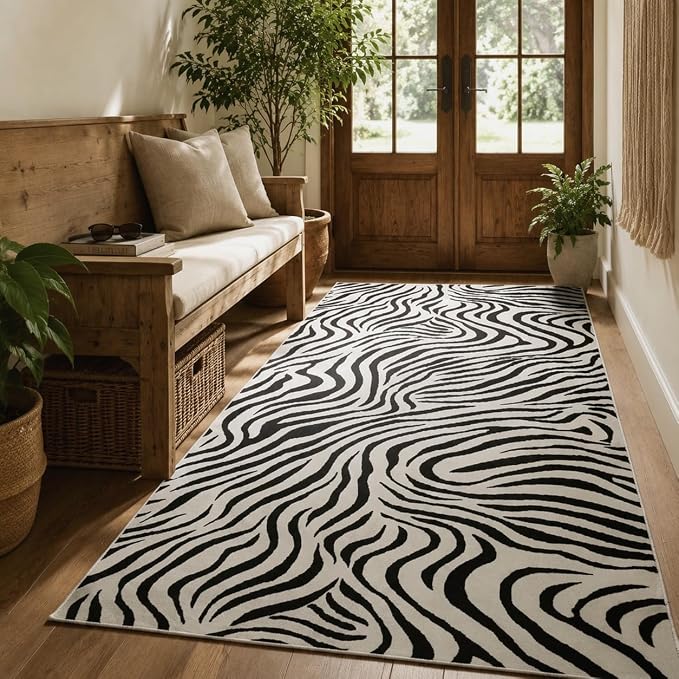 Black and White Rug 3x5 Animal Print with Abstract Stripes, Non-Slip TPE Backing, Low Pile, Washable Rugs Easy Clean, Suitable for Living Rooms, Bedrooms, and Offices