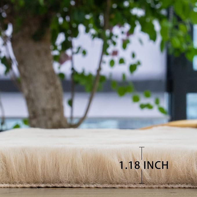 ORINOVA Light Brown Beige Plush Faux Rabbit Shaggy Fur Area Rugs for Living Room Washable Fuzzy Rug Runner Small 2x4 Nursery Rug
