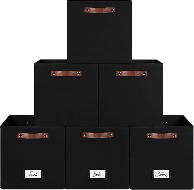 FinishingBo 13 inch Storage Bins with Labels 6 Pack | PU Leather Handles, Foldable Storage Cubes, Storage Baskets, Closet Storage, Black