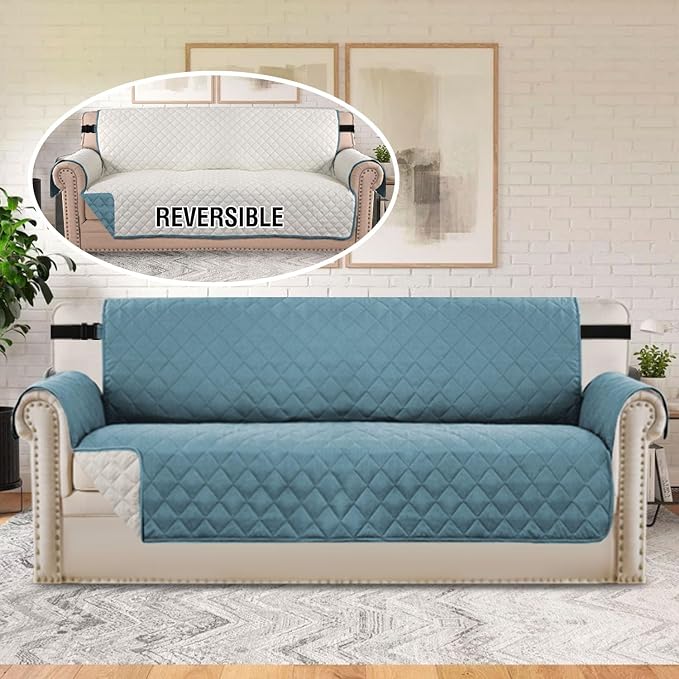 H.VERSAILTEX Reversible Sofa Cover Couch Cover for 3 Cushion Couch Water Resistant Furniture Protector for Pets Durable Large Cushion Protector with Elastic Strap(Oversized Sofa, Cameo Blue/Beige)