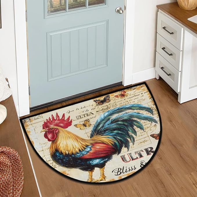 Rooster Animals Half Round Door Mat Non Slip Half Circle Rugs | Retro Art Washable Half Moon Rug Semi Circle Rugs Indoor Entrance Floor Carpet for Kithen Bedroom Fireplace Decor